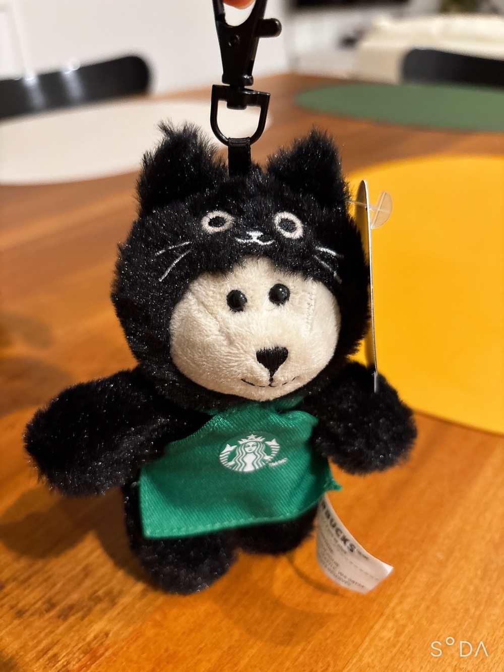 Starbucks Black Cat Bear Plush Keychain with Green Apron
